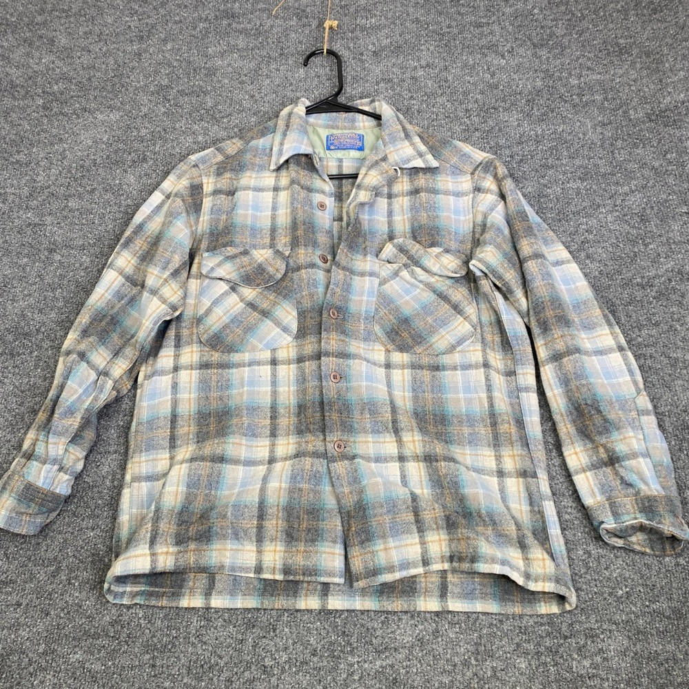 Vintage Pendleton Wool Board Shirt Blue Grey Plaid Flannel Loop Collar Mens M